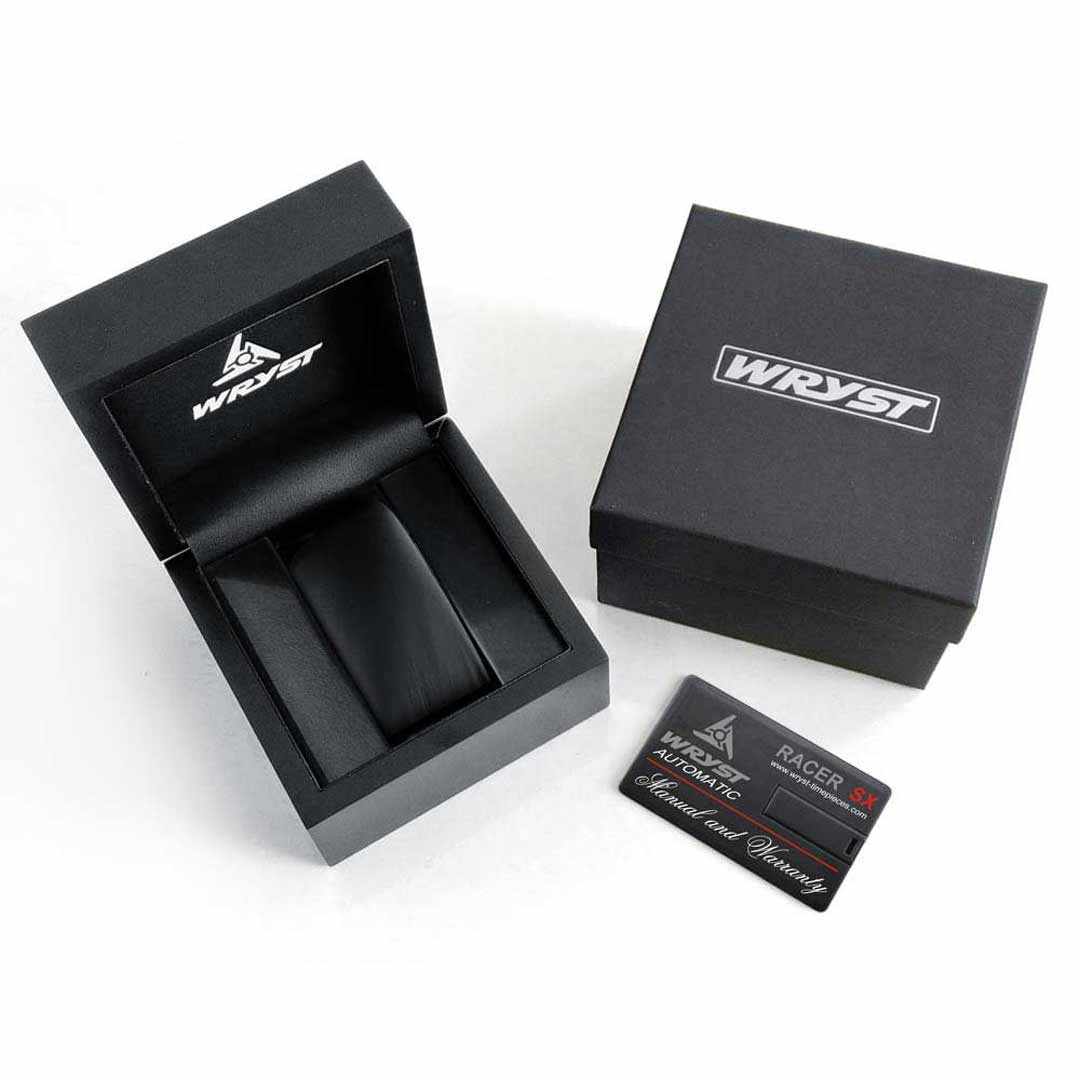 Black watch box with 'WRYST' branding