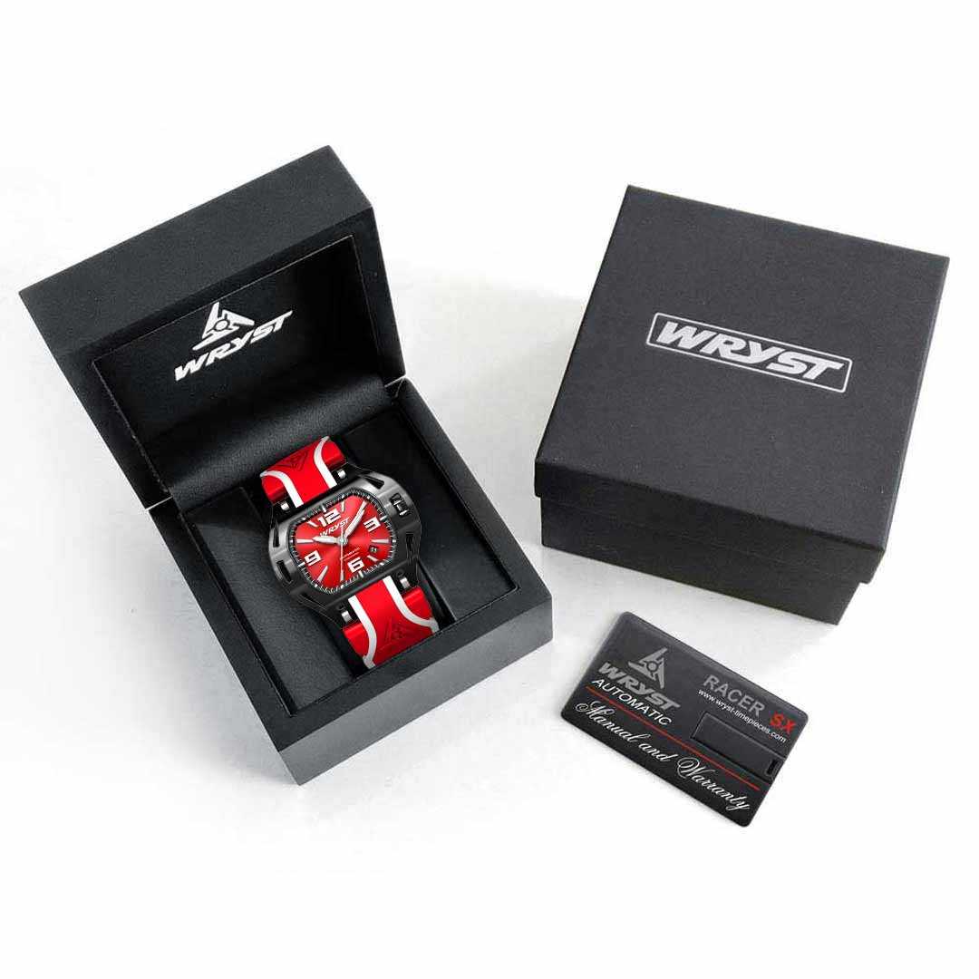 Red Watch Presented in its Black Wooden Watch Box