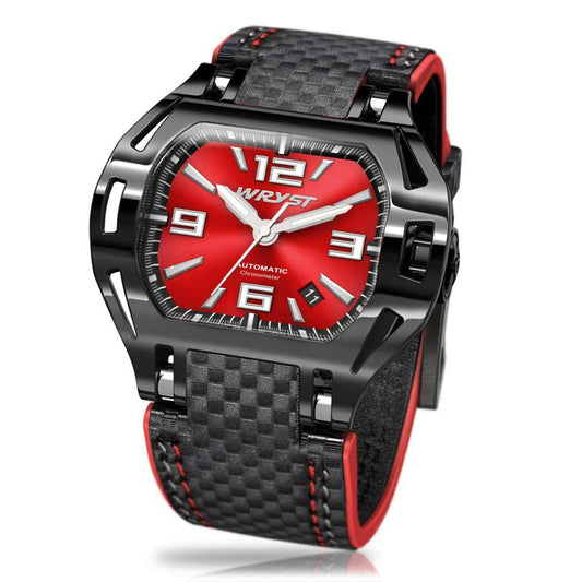 watch with red face and black carbon fiber strap