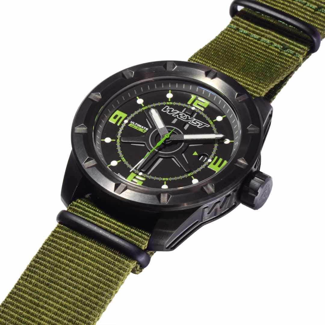 army swiss watch with a khaki nato strap