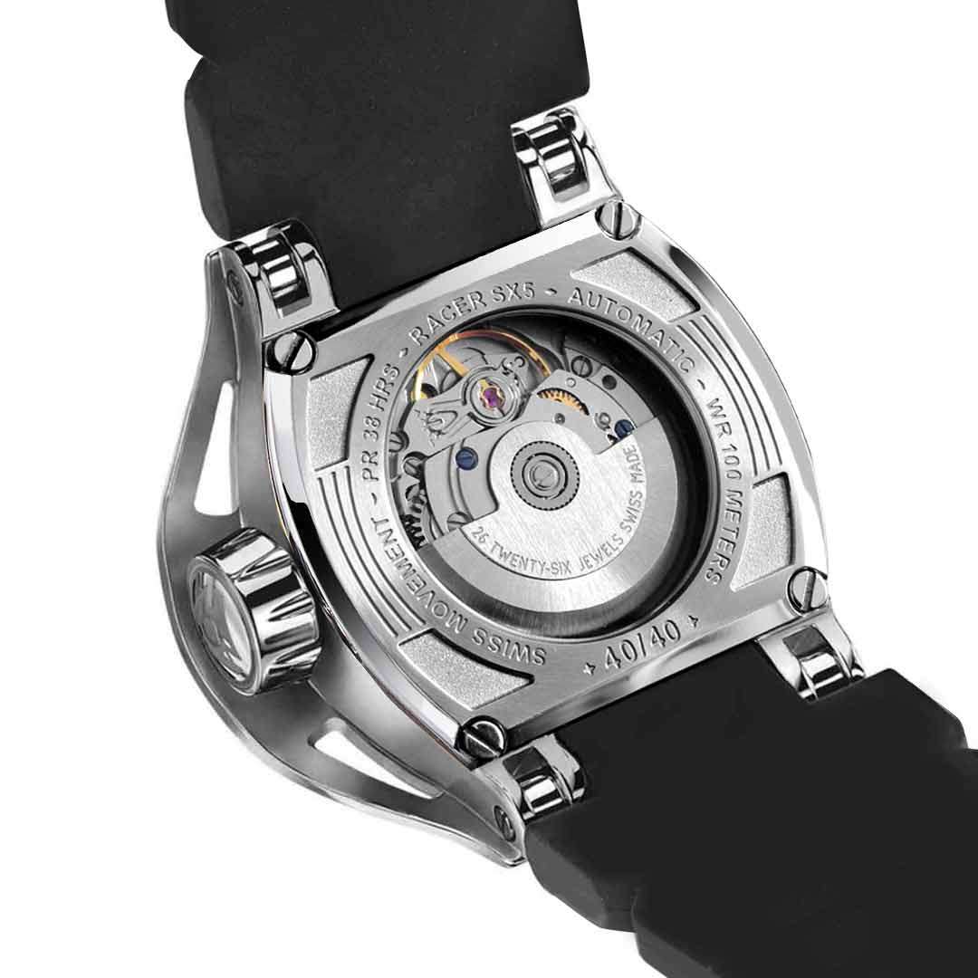 automatic blue dial watch with see through case back glass