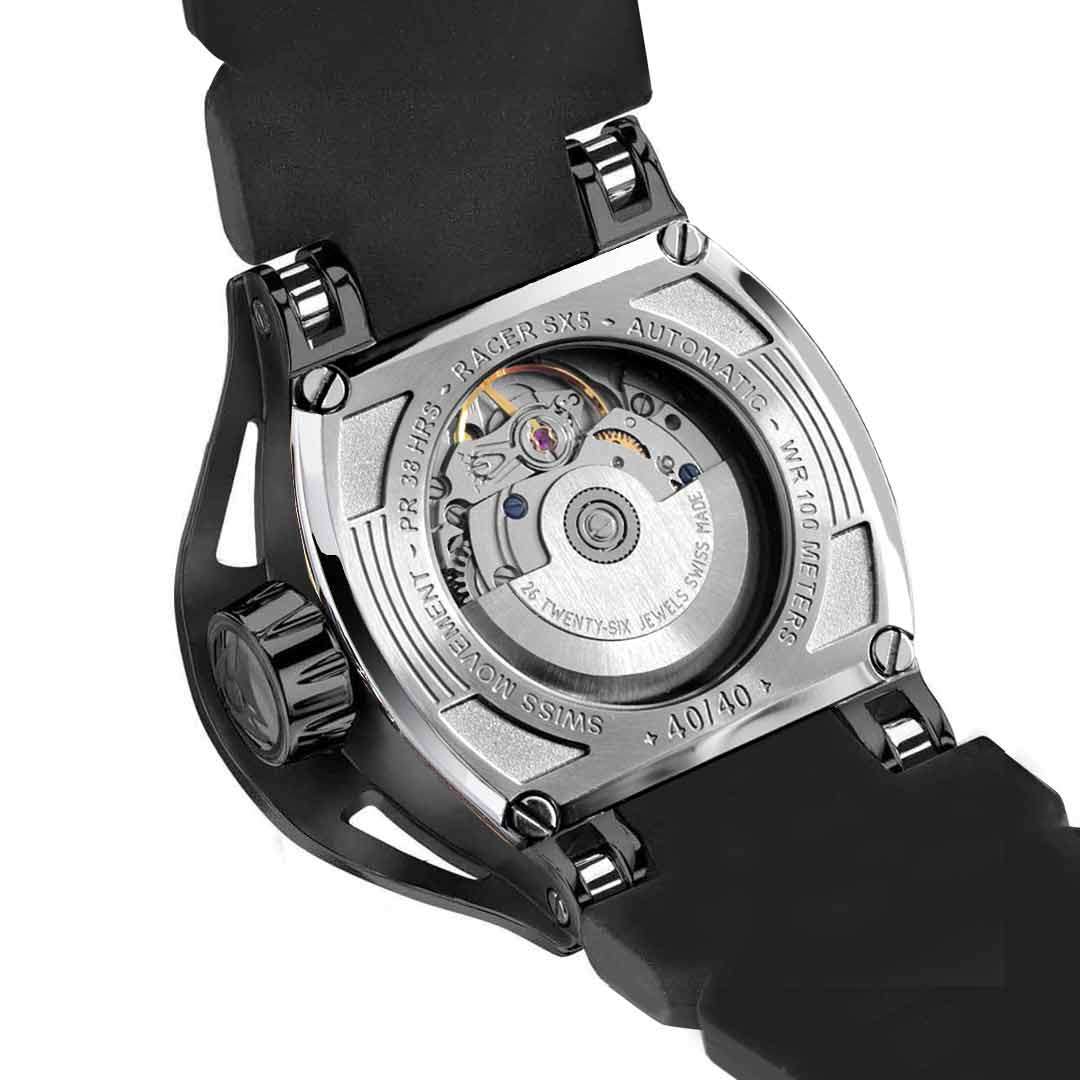 automatic swiss watch with a see through case black black strap and black dlc case
