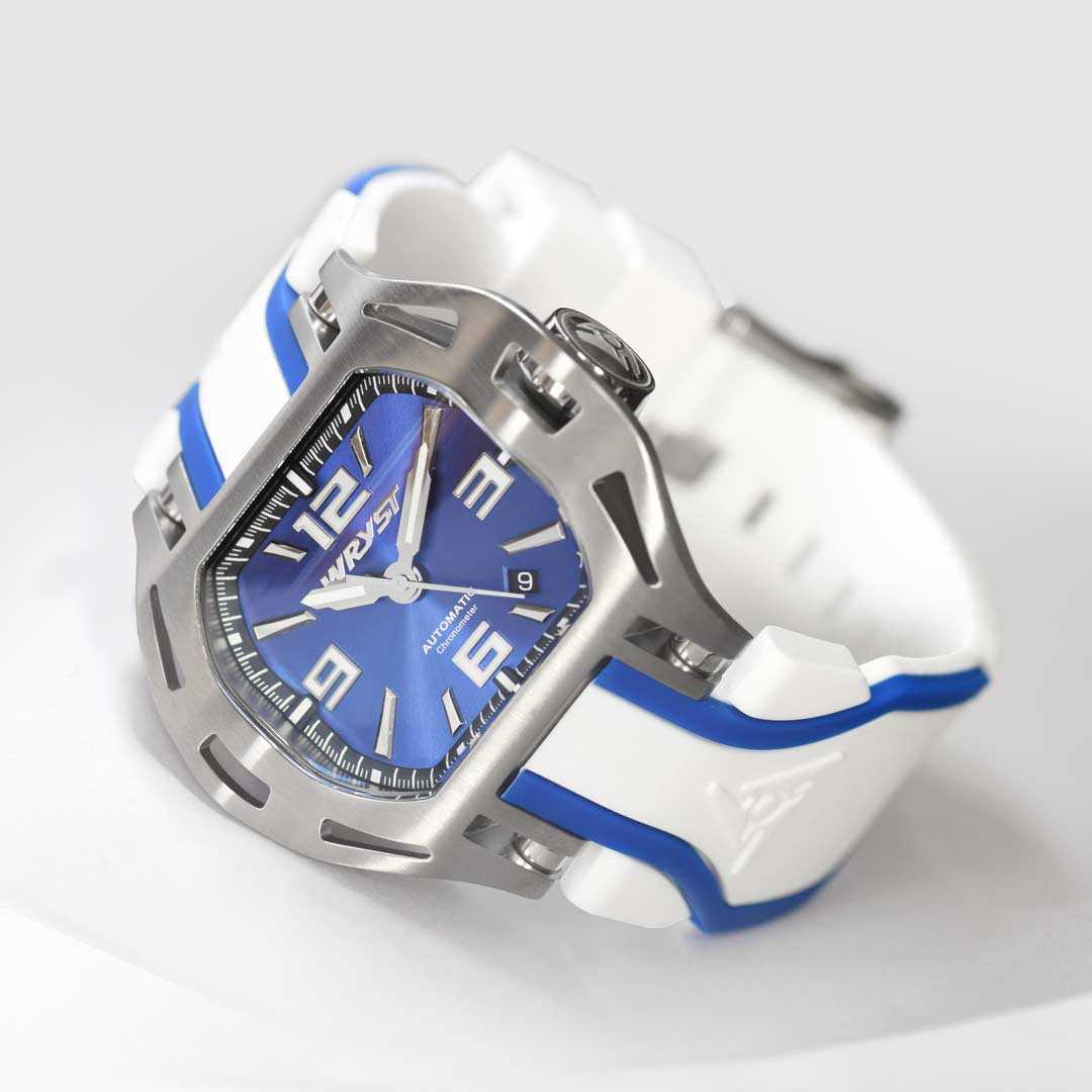 Automatic watch with a blue face and white strap