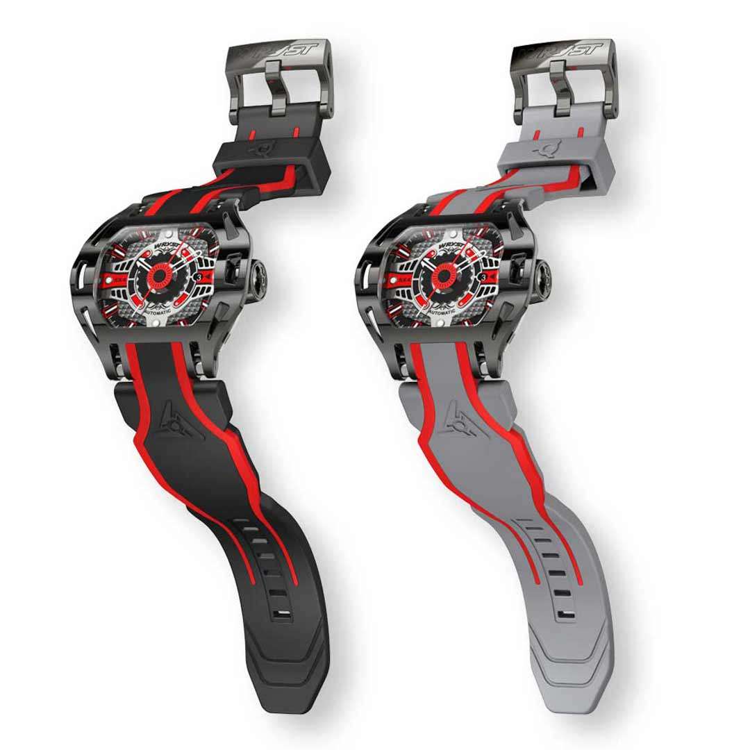 automatic watch with black and red strap