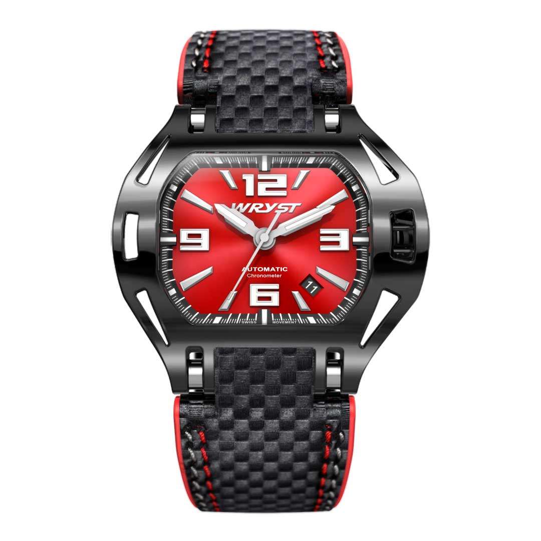 automatic watch wryst sx8 with red face and black carbon fiber strap