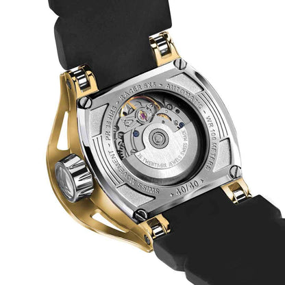 Back of a men's gold automatic watch with sapphire crystal to see the movement