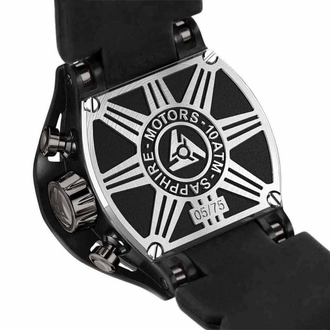 black and brushed steel watch case back