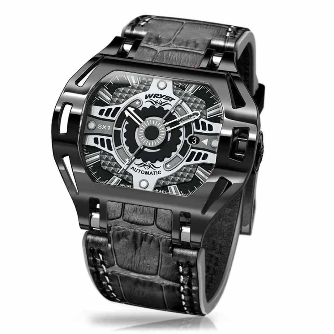 black automatic watch inspired by racing with detailed face