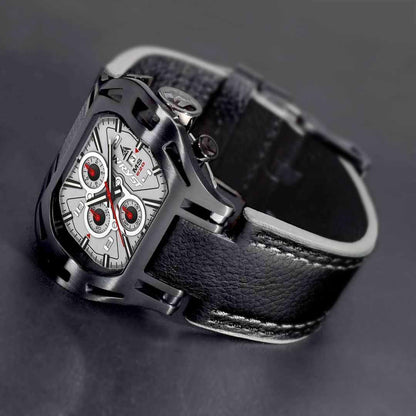 black swiss leather white face watch motors
