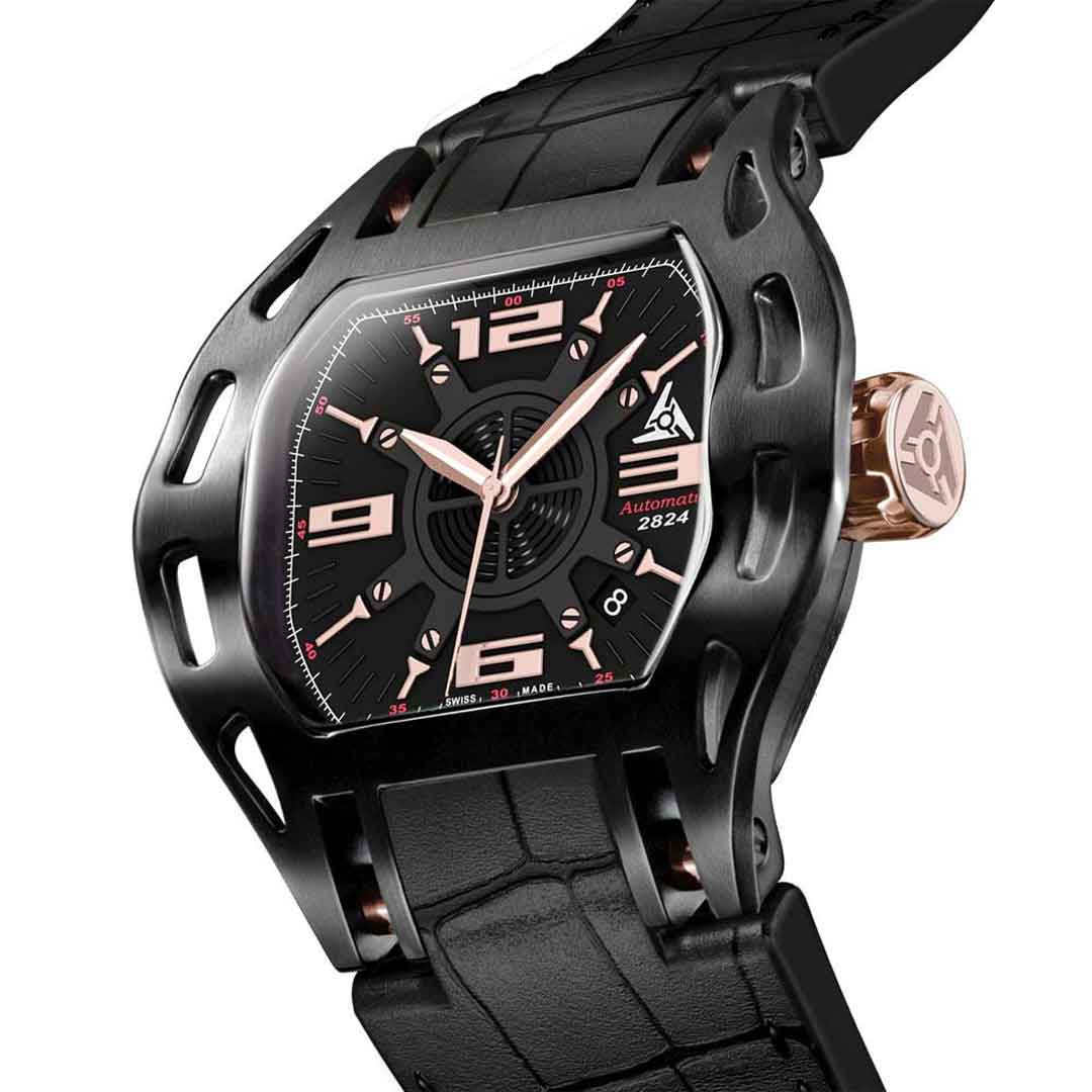 Black Swiss Watch with Rose Gold Dial Details