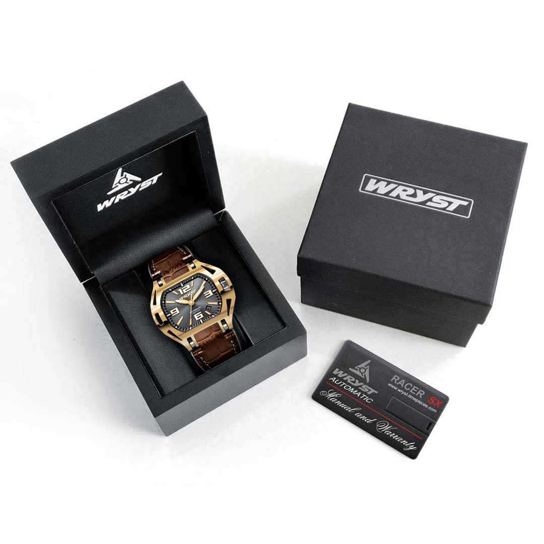 black watch box with a men gold watch wryst