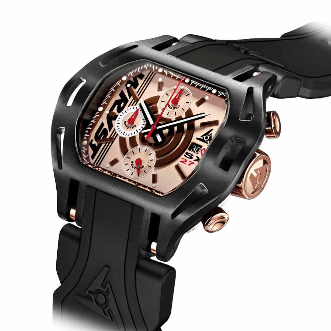 black watch with rose gold face and swiss chrono movement