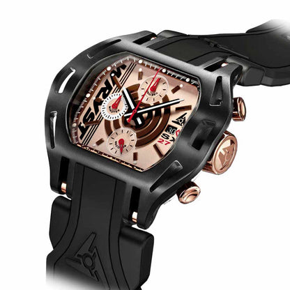 black watch with rose gold face and swiss chrono movement