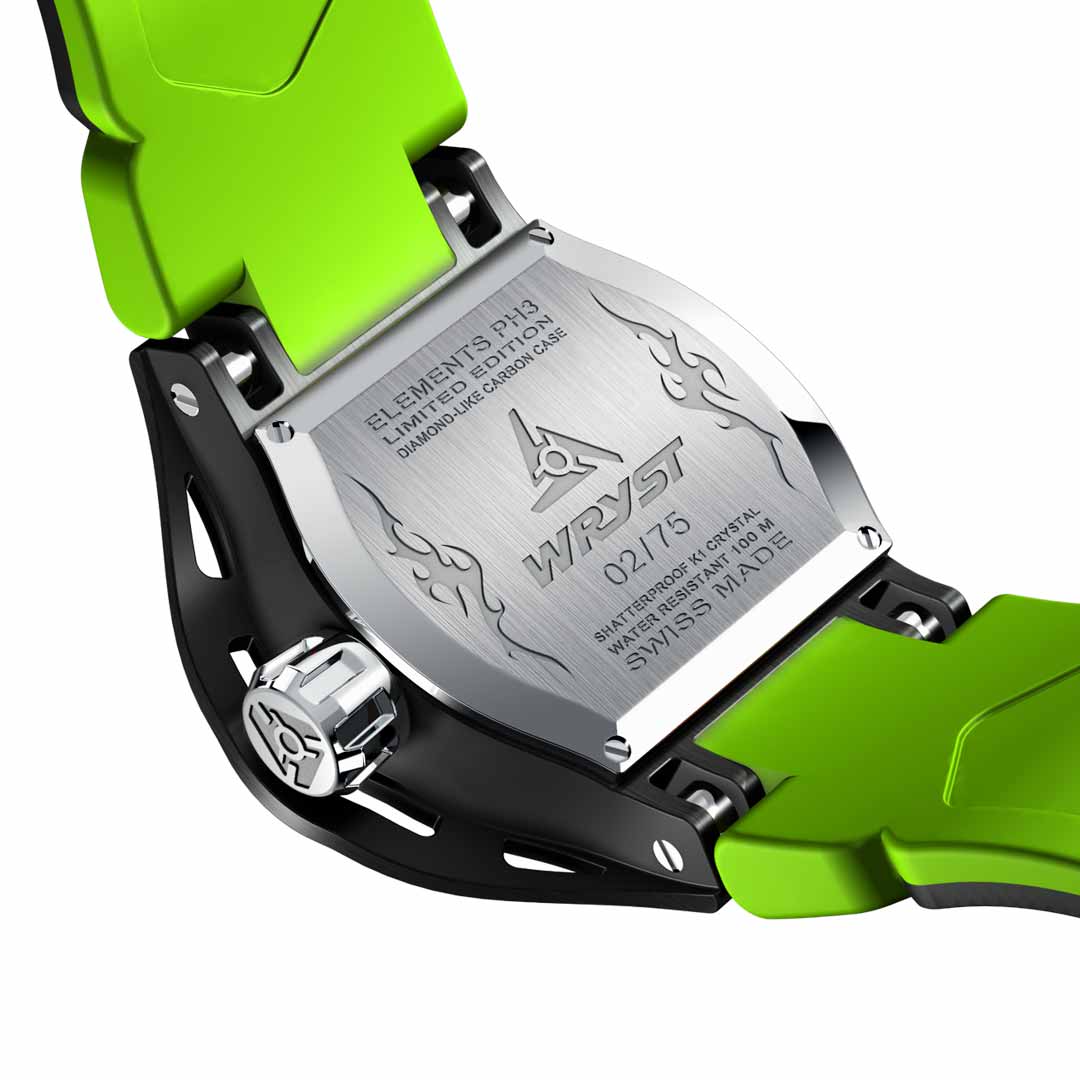 case back of a green watch wryst