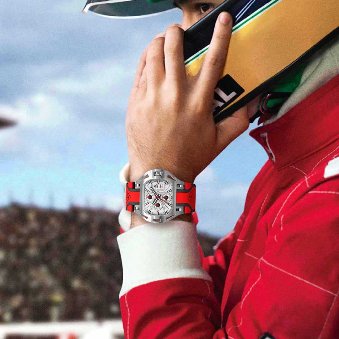 formula 1 racer wearing a red swiss watch wryst ms620