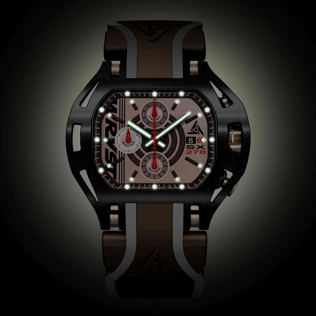 Luminous black Mens Rose Gold Watch Wryst in the dark