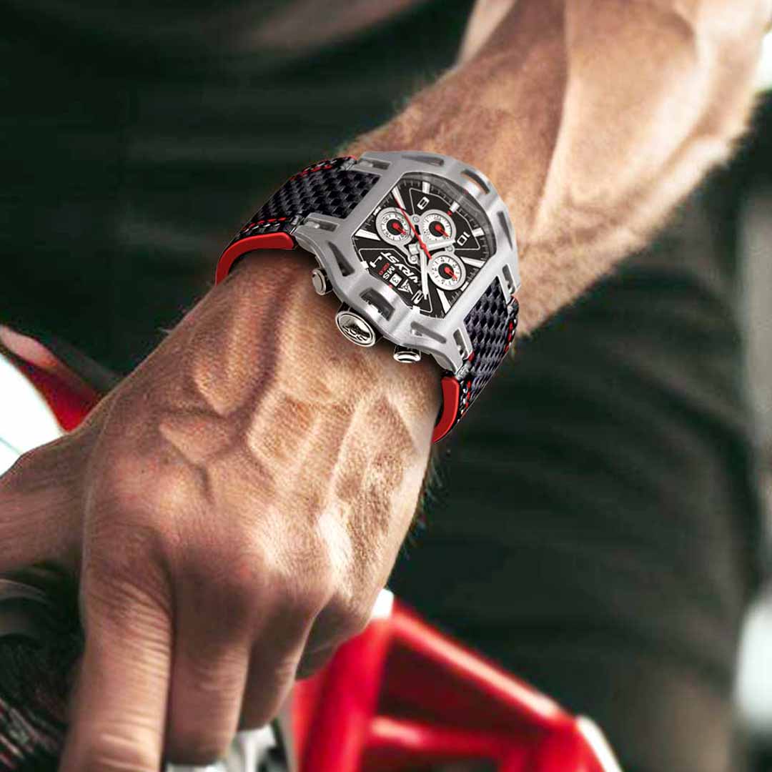 man on motorcycle wearing a luxury mens watch wryst