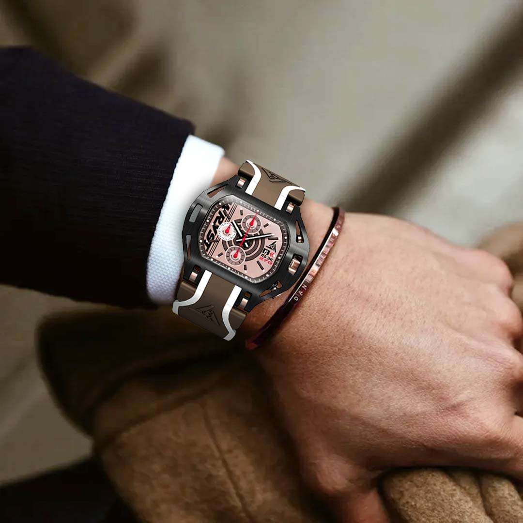 man wearing a black mens rose gold watch