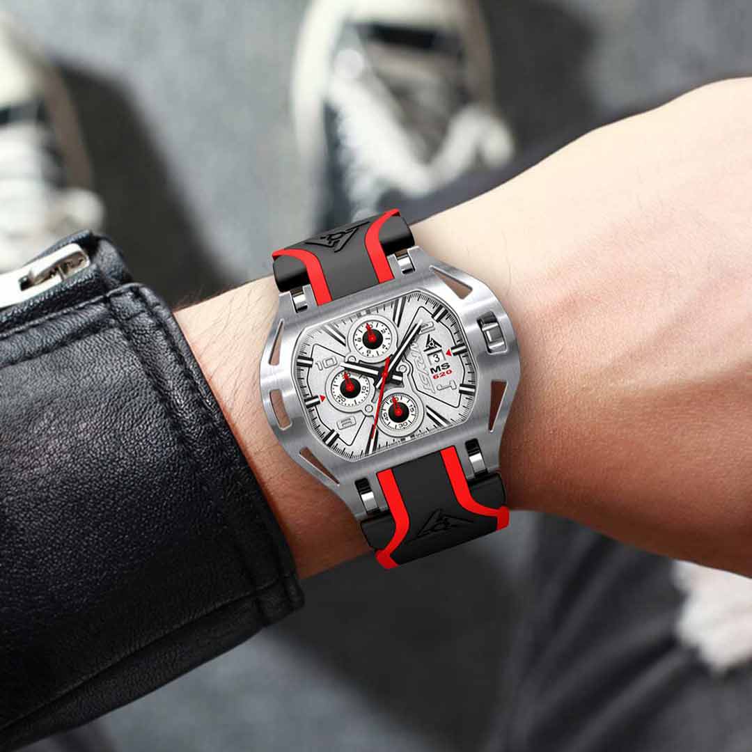 man wearing a swiss racing wristwatch