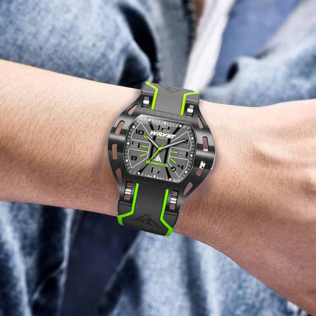 mens black wryst watch with green accents
