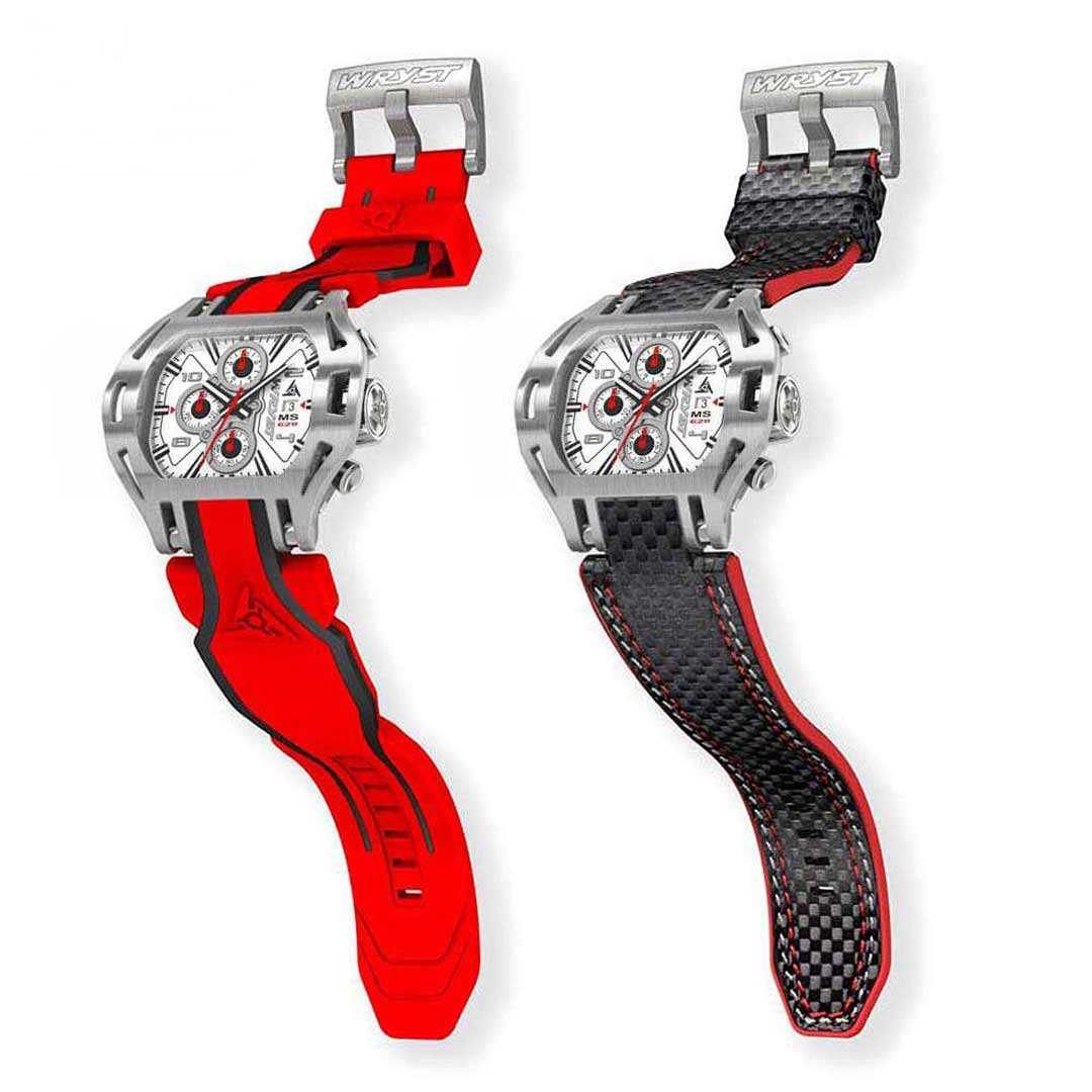 racing red watch with black carbon fiber bracelet