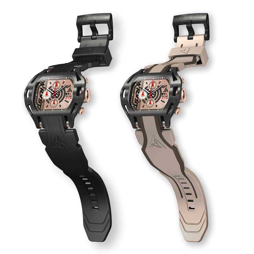 rose gold dial watch with black case and black bracelet