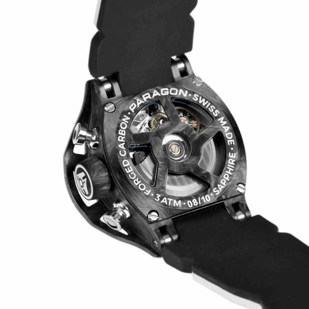 see through case back of a carbon fiber watch with swiss movement eta7750