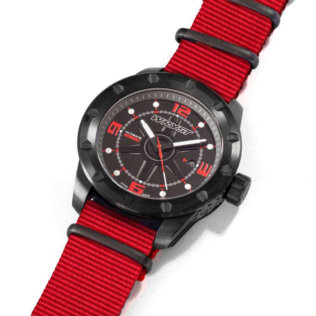 superb swiss mens black watch with nato red bracelet