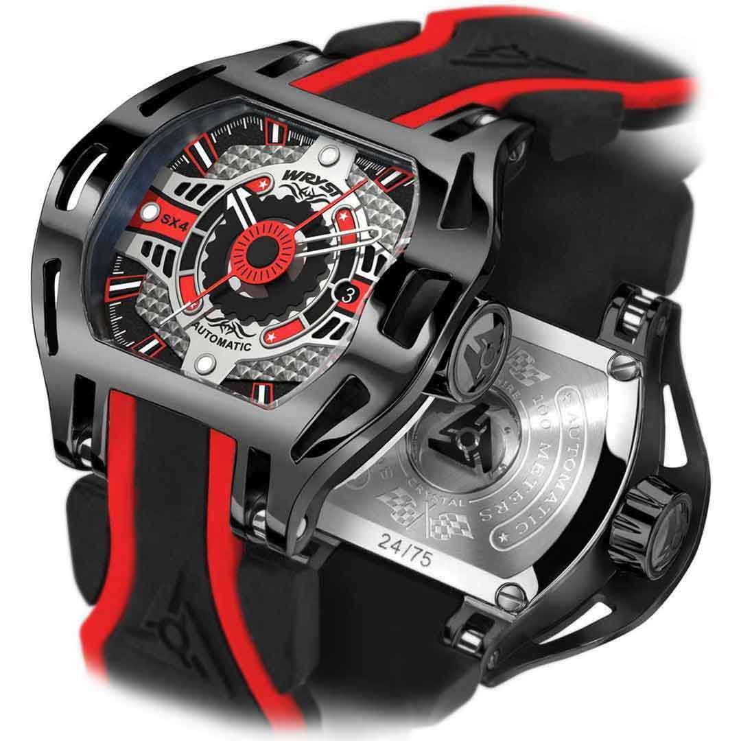 swiss black automatic watch with red details