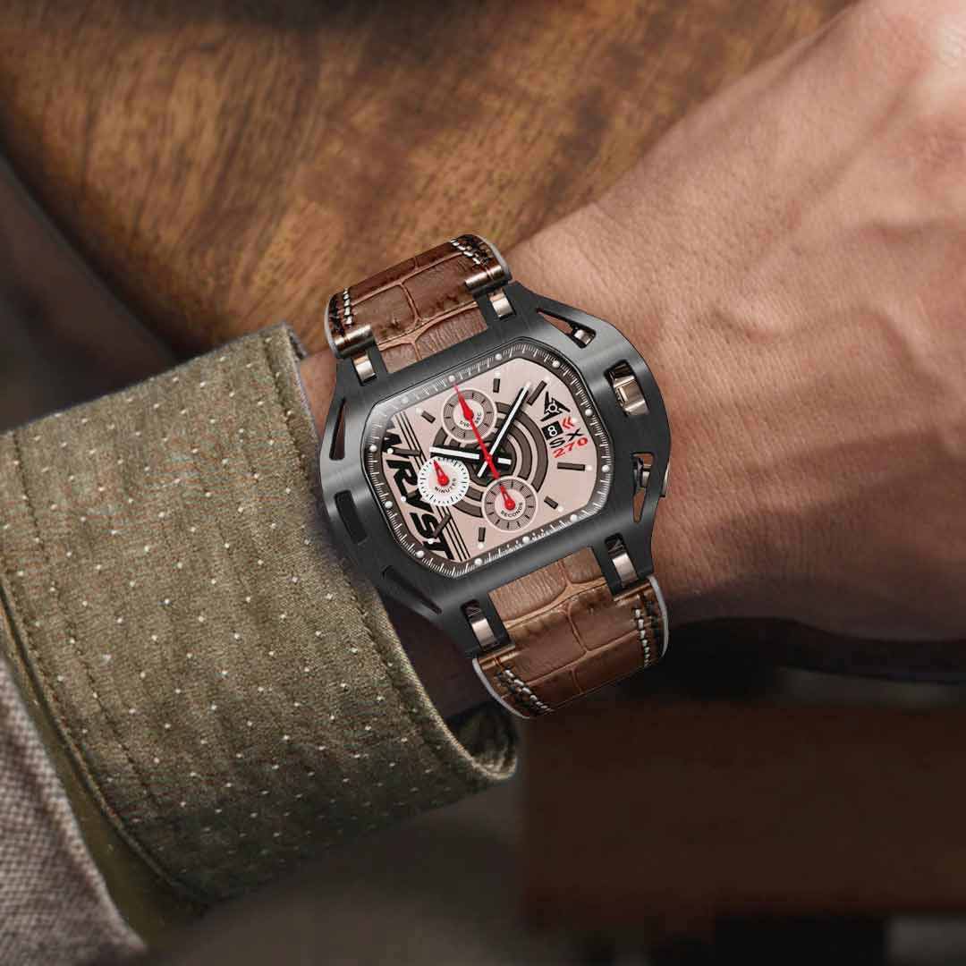 swiss mens brown leather watches with gold face