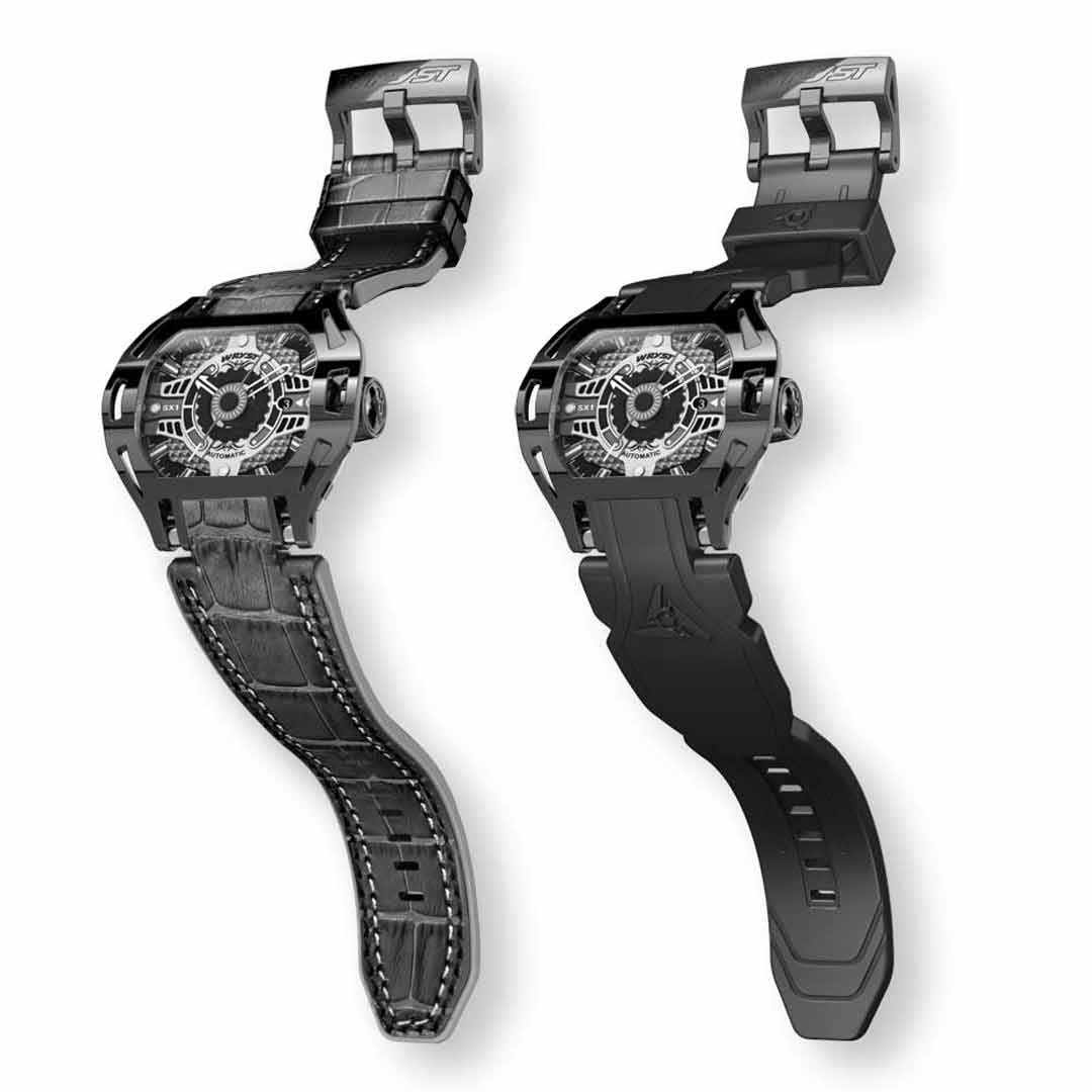 two black automatic wristwatches with designer style