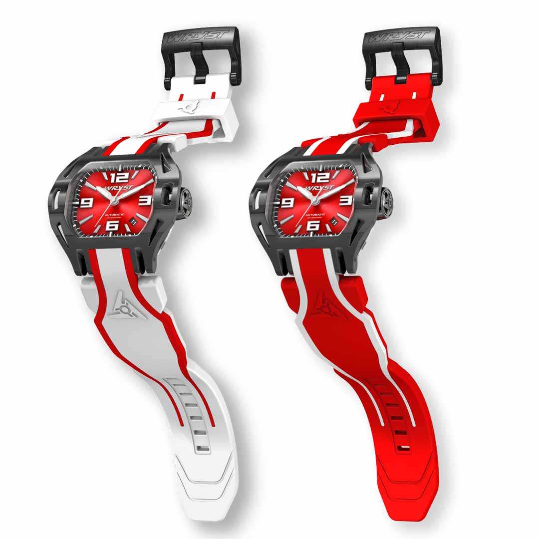 Two watches with red and white straps