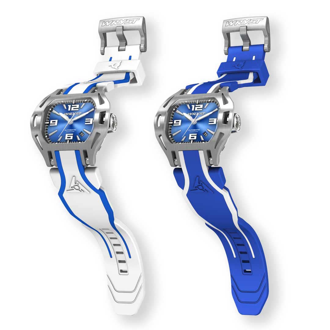 Two watches with blue and white straps on a white background