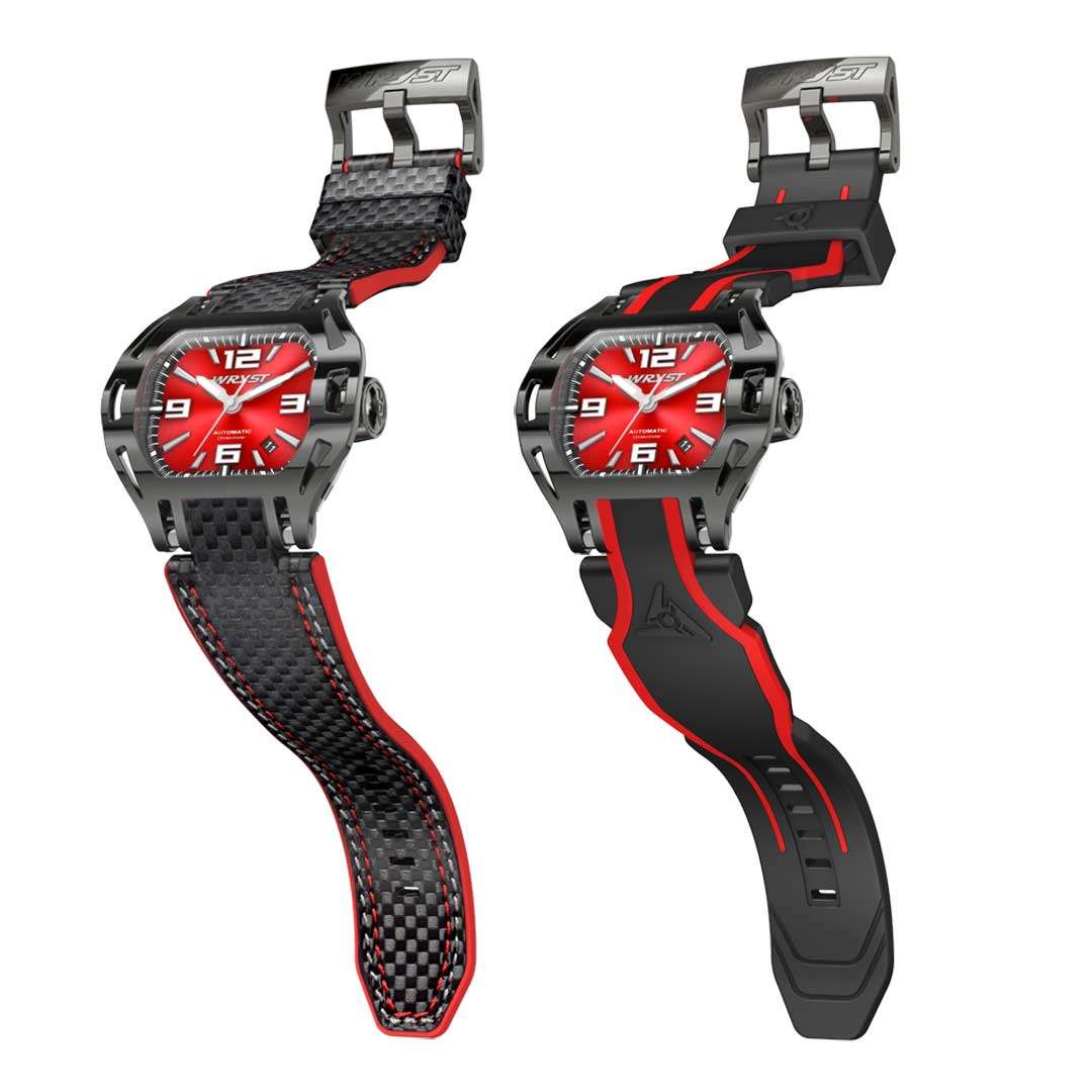 two watches with red faces and black and red straps