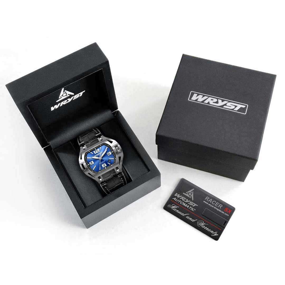 watch box showing a luxury swiss automatic watch inside