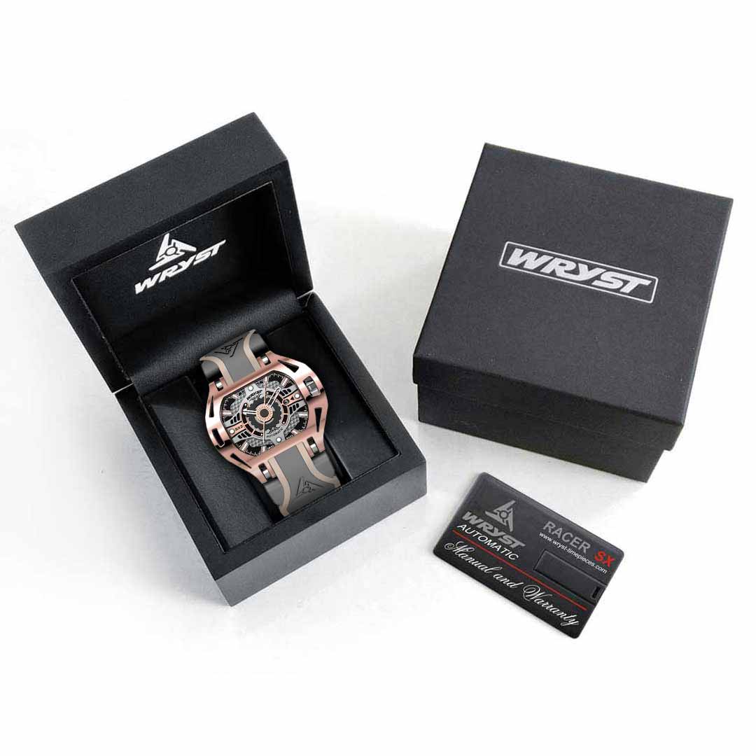 watch box with a rose gold automatic watch wryst