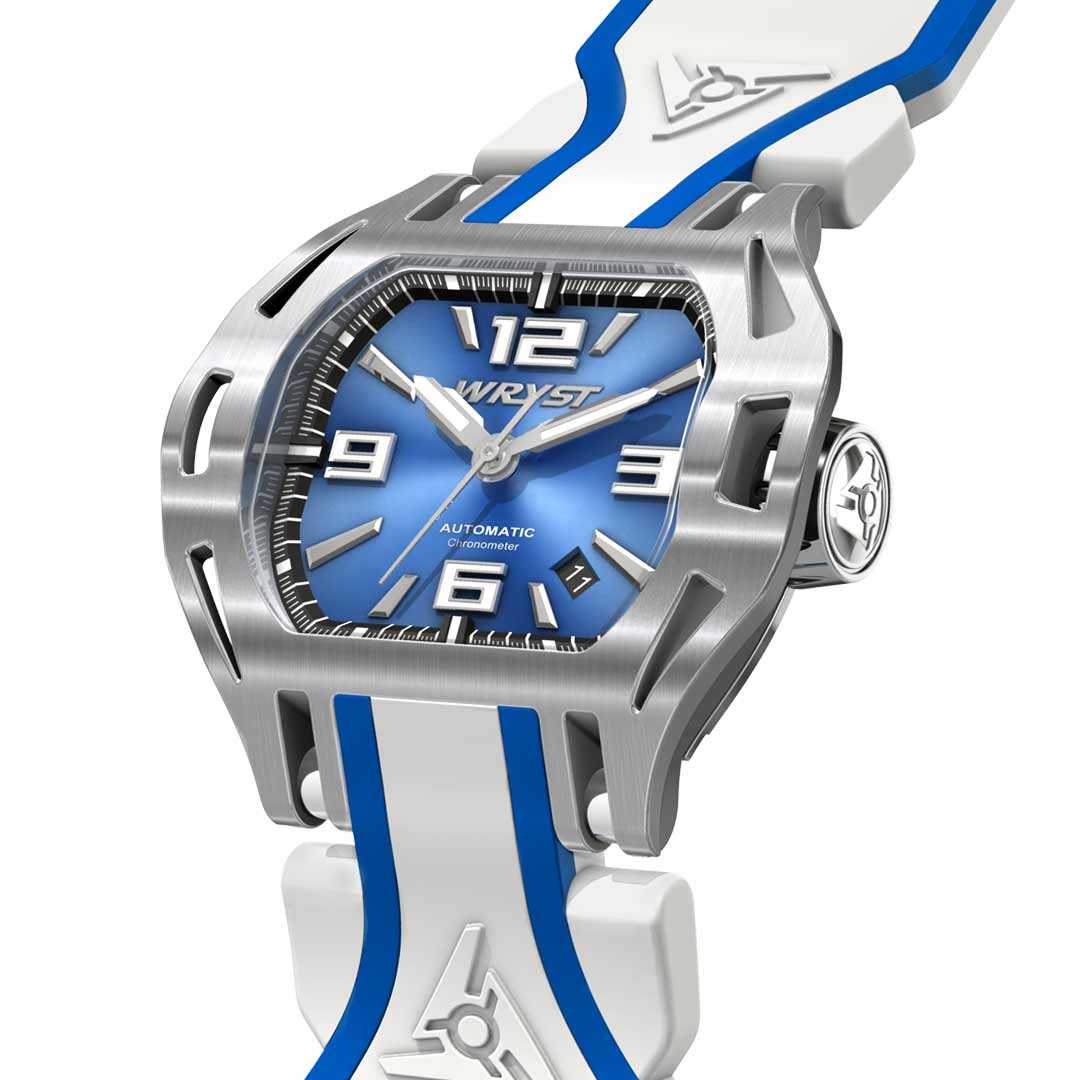 Watch with blue and white strap on a white background