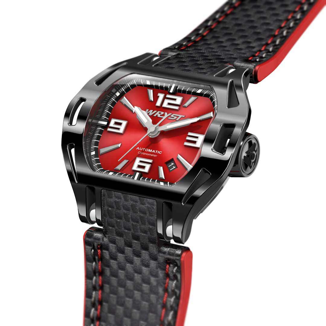watch wryst sx8 with red face and black strap on a white background