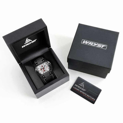 white face watch wryst in a black watch box