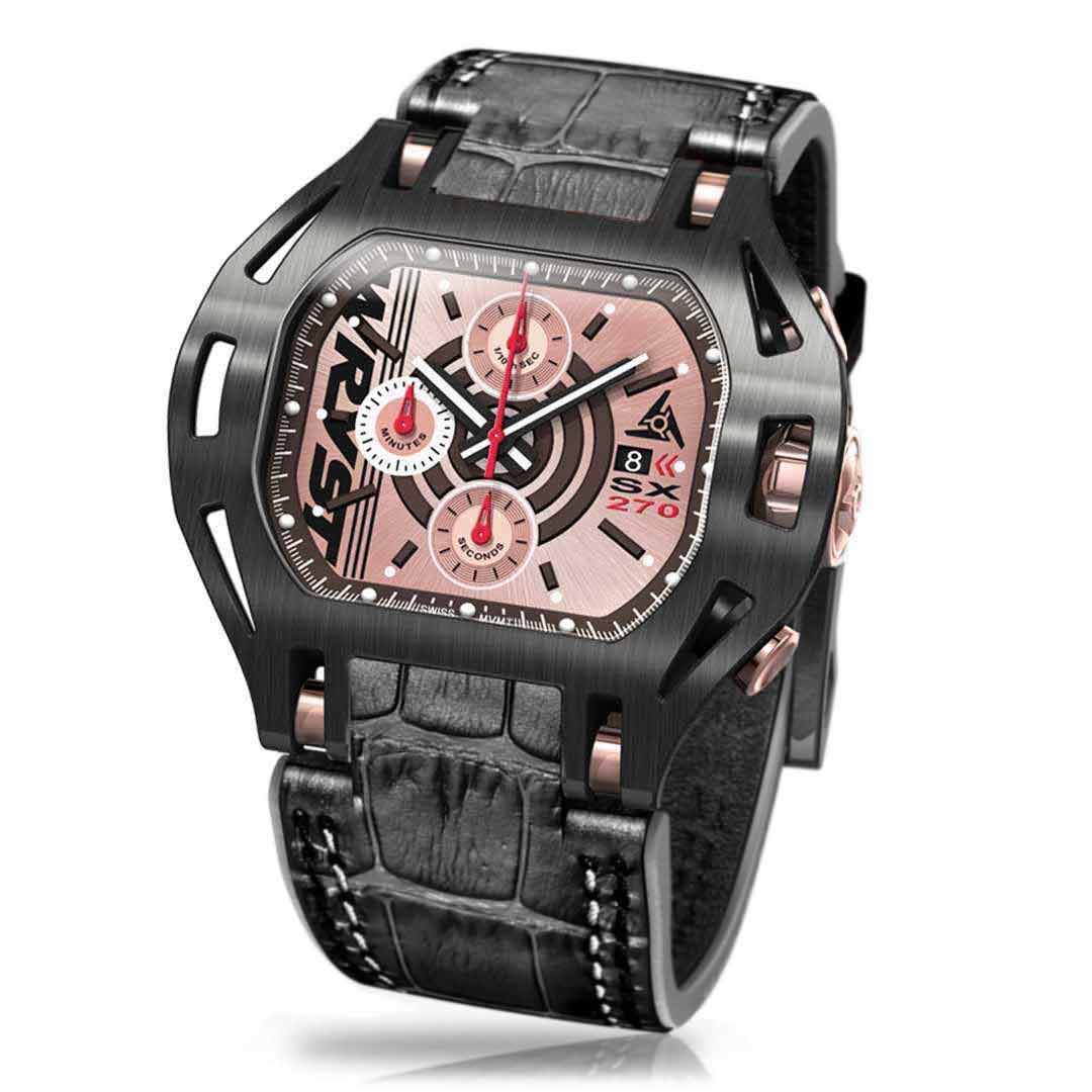 Side angle of Wryst Force SX270-BL luxury watch highlighting the signature scratch-proof black DLC armor case design