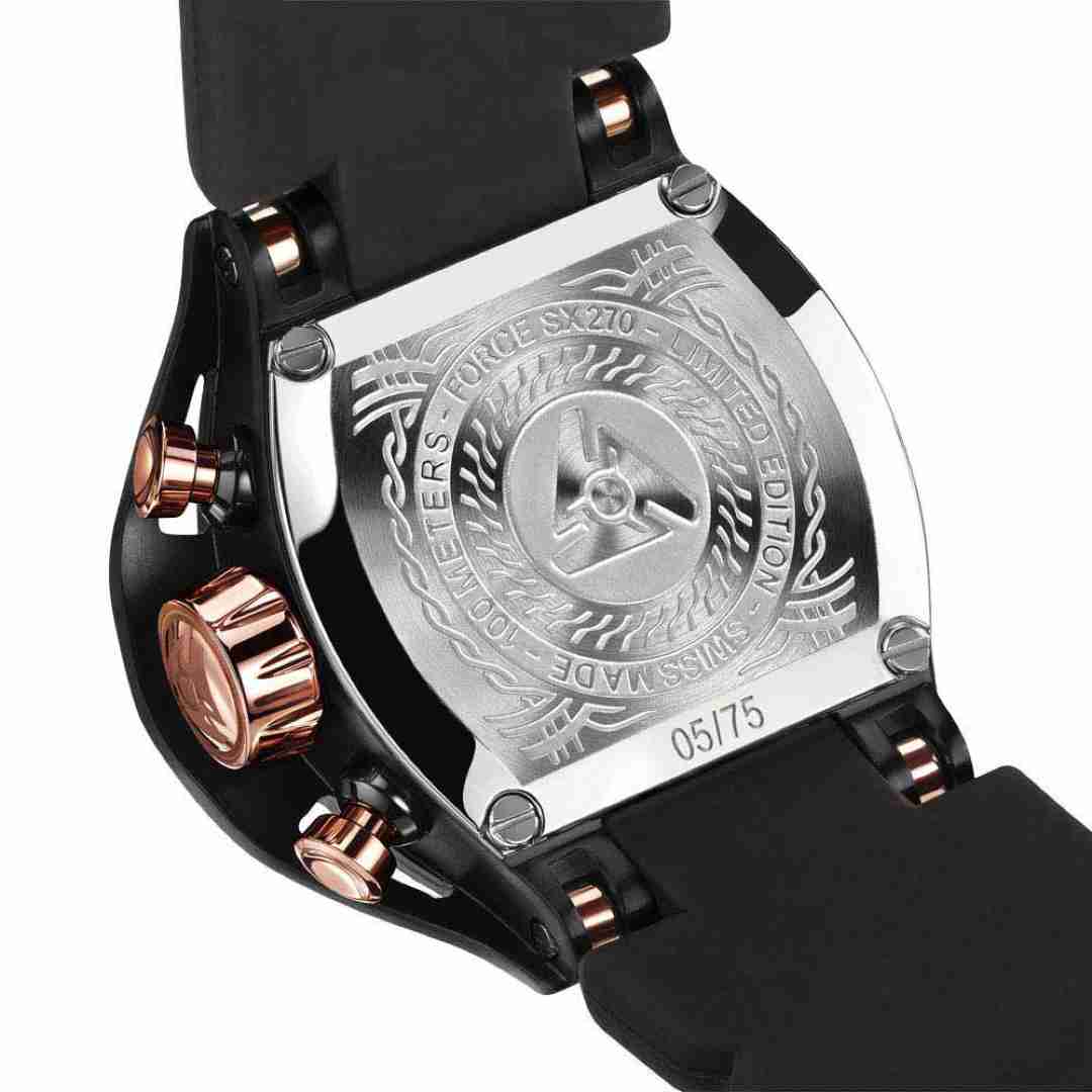 Close-up of the engraved case back of Wryst Force SX270-BL watch displaying its unique limited edition number out of 75