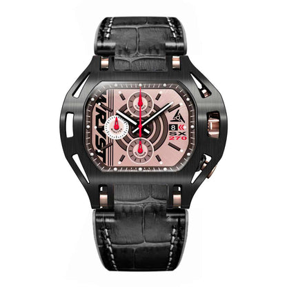 Front view of Wryst Force SX270-BL limited edition black and gold Swiss watch showing the rose gold chronograph dial
