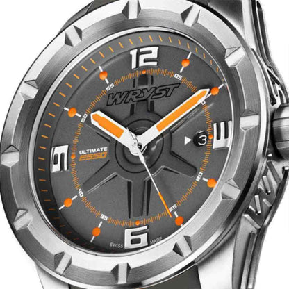 Close-up of the Wryst Ultimate ES50-M dial with orange hands and hour