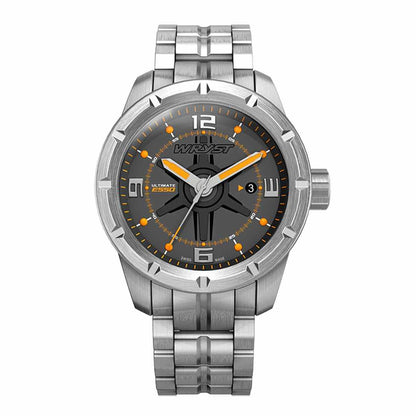 Wryst Ultimate ES50-M metal Swiss watch, front view on a stainless steel