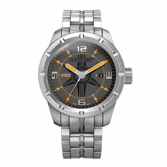 Wryst Ultimate ES50-M metal Swiss watch, front view on a stainless steel