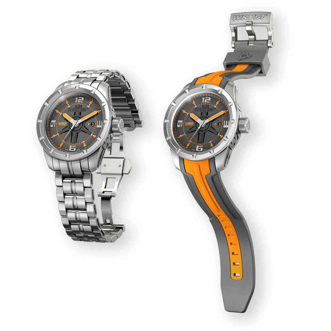 Wryst Ultimate ES50-M shown with stainless steel and grey-orange silicone