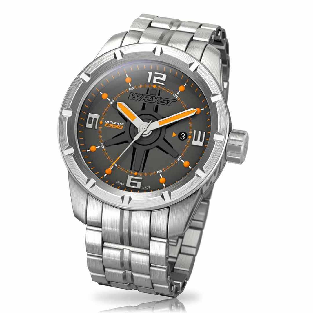 Wryst Ultimate ES50-M metal Swiss watch, three-quarter front view